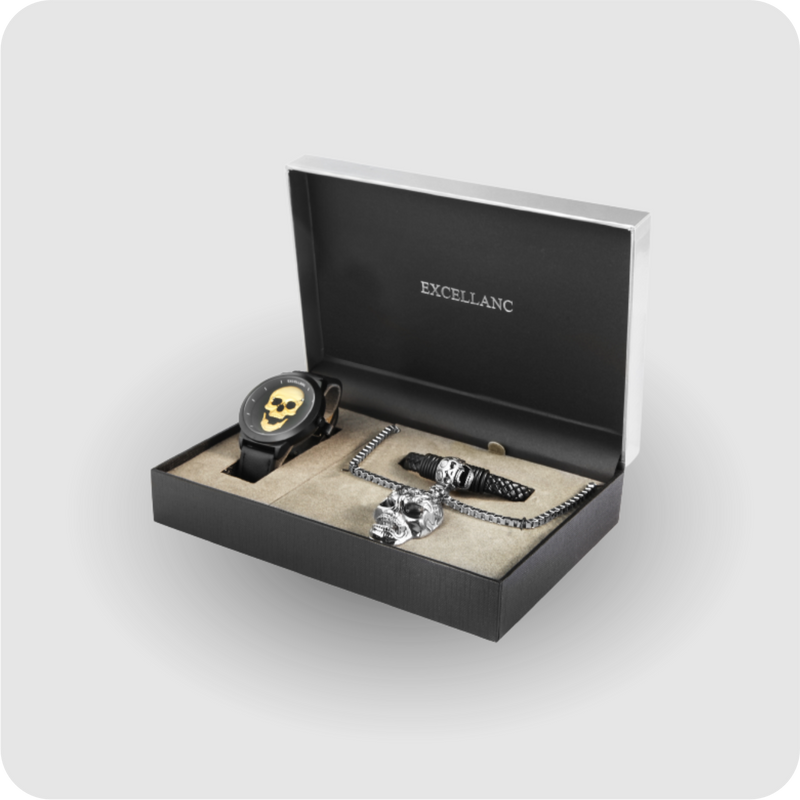 Herren Geschenkset mit Herrenuhr Kette Armband Totenkopf schwarz gold silber Geschenk