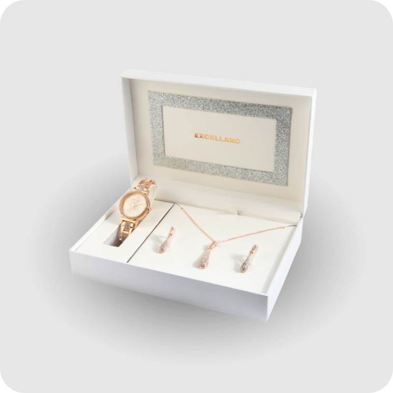 Uhrenset mit Armbanduhr + Kette + Ohrringe Damenuhr Metallarmband rose gold Strass