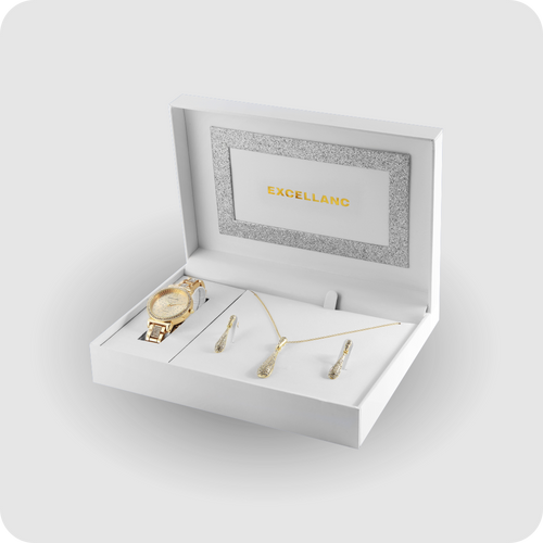 Uhrenset mit Armbanduhr + Kette + Ohrringe Damenuhr Metallarmband gold Strass