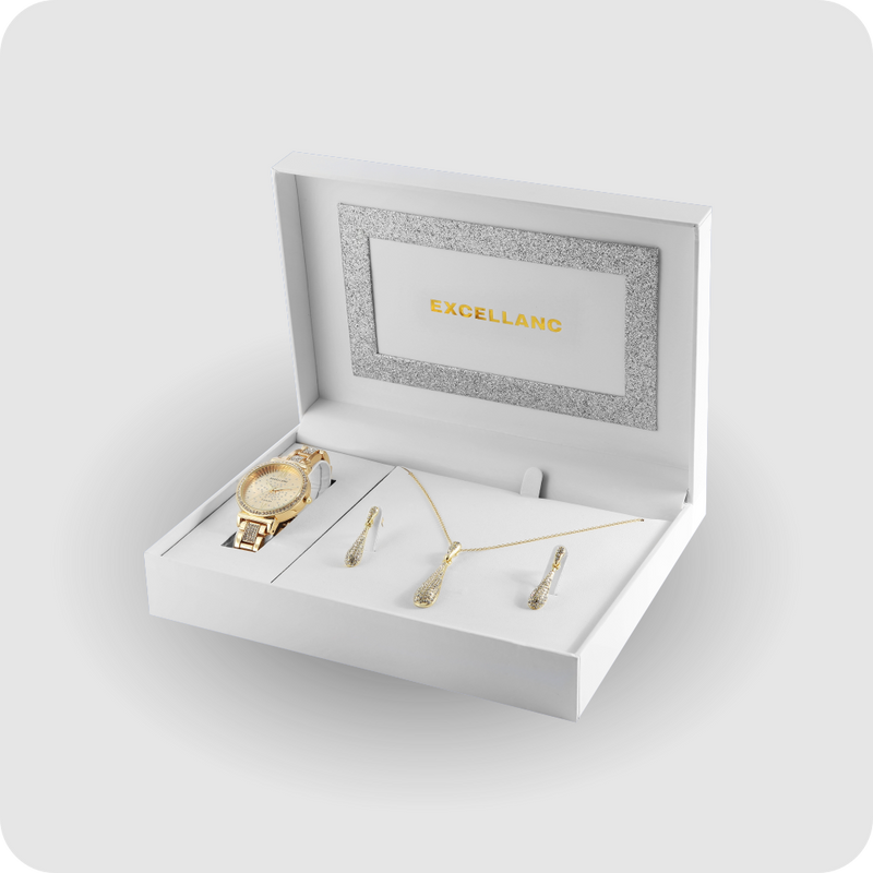 Uhrenset mit Armbanduhr + Kette + Ohrringe Damenuhr Metallarmband gold Strass