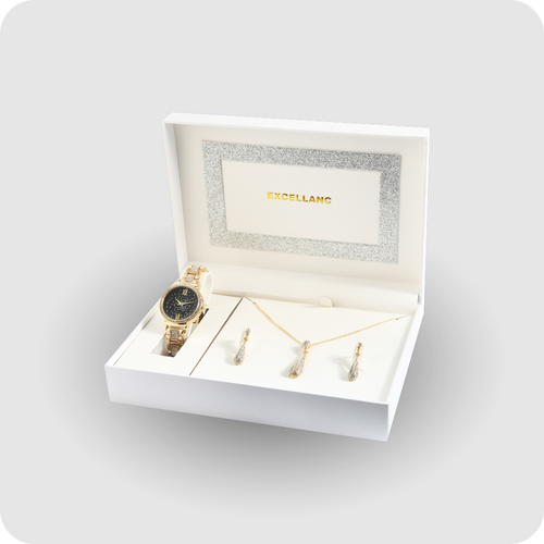 Uhrenset mit Armbanduhr + Kette + Ohrringe Damenuhr Metallarmband gold Strass