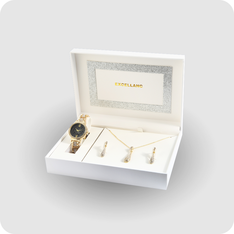 Uhrenset mit Armbanduhr + Kette + Ohrringe Damenuhr Metallarmband gold Strass