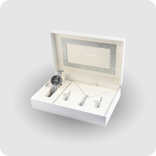 Uhrenset mit Armbanduhr + Kette + Ohrringe Damenuhr Metallarmband silber Strass