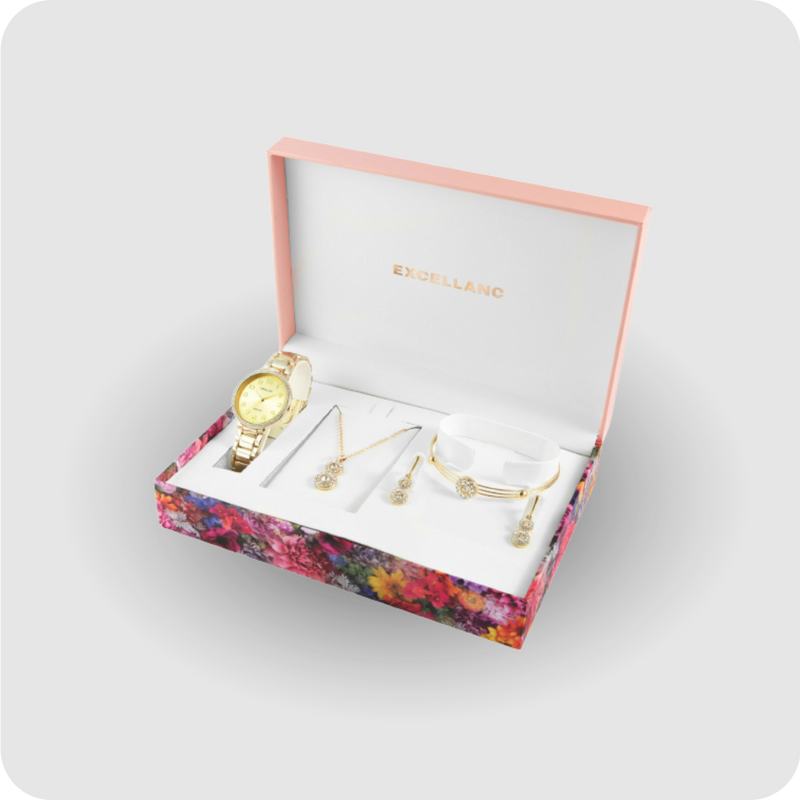 Uhrenset Armbanduhr Kette Ohrringe Armreif Damenuhr Metallarmband gold Strass