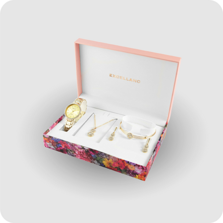 Uhrenset Armbanduhr Kette Ohrringe Armreif Damenuhr Metallarmband gold Strass