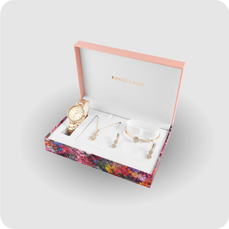 Uhrenset Armbanduhr Kette Ohrringe Armreif Damenuhr Metallarmband rose gold