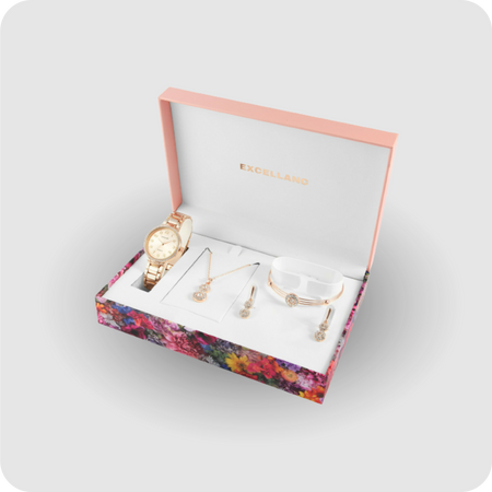 Uhrenset Armbanduhr Kette Ohrringe Armreif Damenuhr Metallarmband rose gold