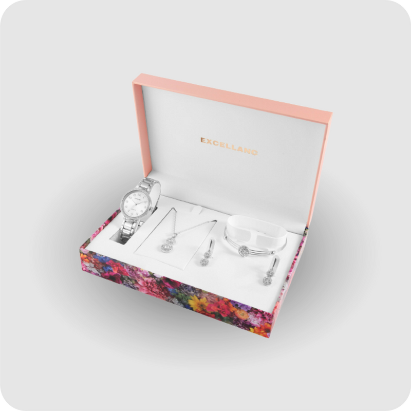 Uhrenset Armbanduhr Kette Ohrringe Armreif Damenuhr Metallarmband silber Strass