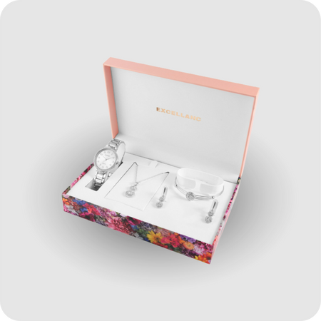 Uhrenset Armbanduhr Kette Ohrringe Armreif Damenuhr Metallarmband silber Strass