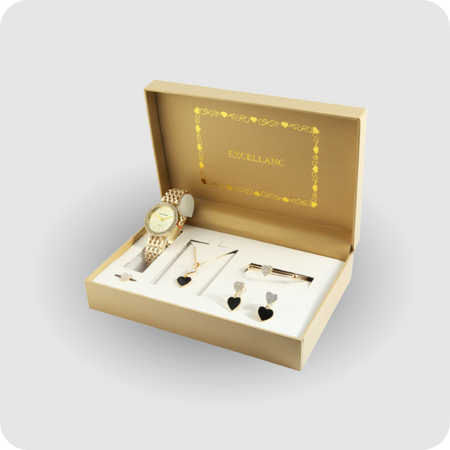 Uhrenset Armbanduhr Kette Ohrringe Armreif Ring Damenuhr Metallarmband gold