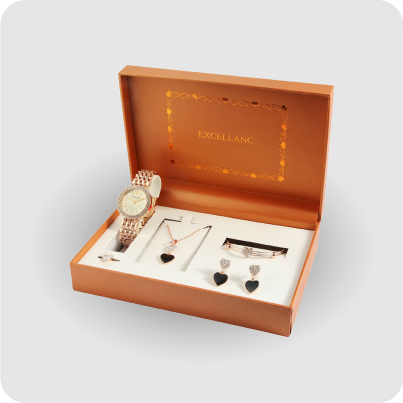 Uhrenset Armbanduhr Kette Ohrringe Armreif Ring Damenuhr Metallarmband rose gold