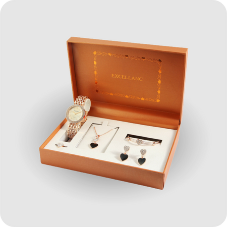 Uhrenset Armbanduhr Kette Ohrringe Armreif Ring Damenuhr Metallarmband rose gold