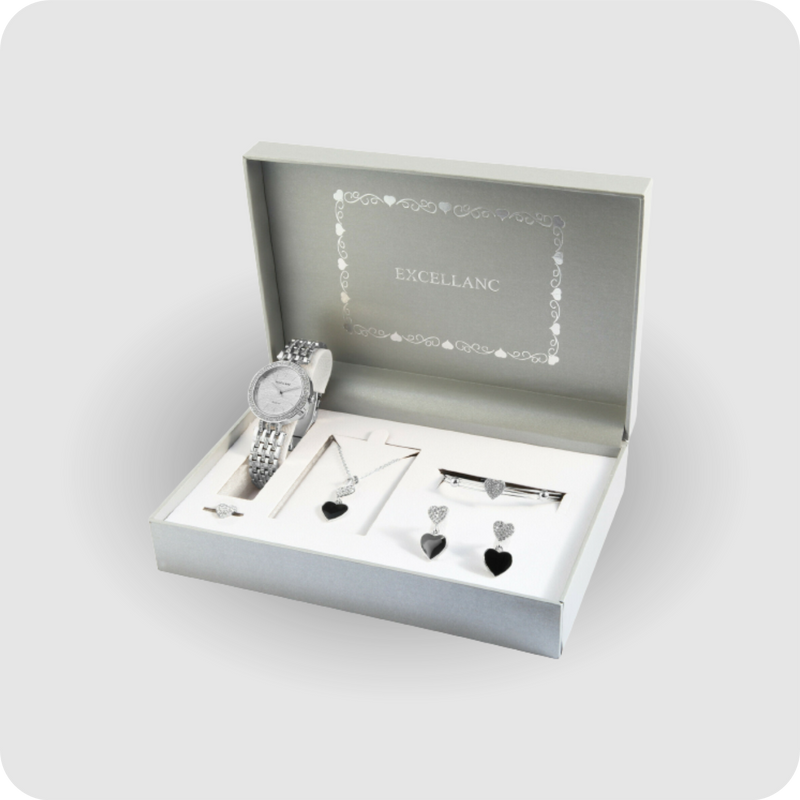 Uhrenset Armbanduhr Kette Ohrringe Armreif Ring Damenuhr Metallarmband silber