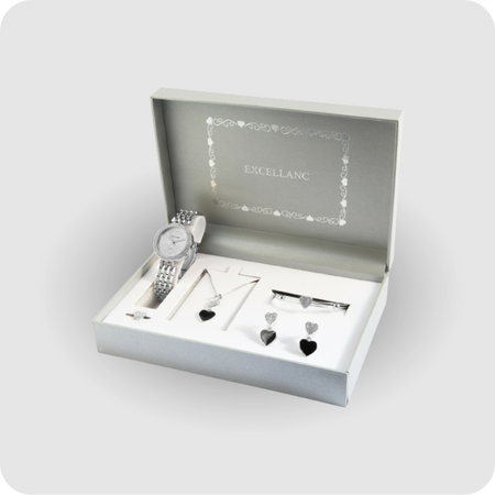 Uhrenset Armbanduhr Kette Ohrringe Armreif Ring Damenuhr Metallarmband silber