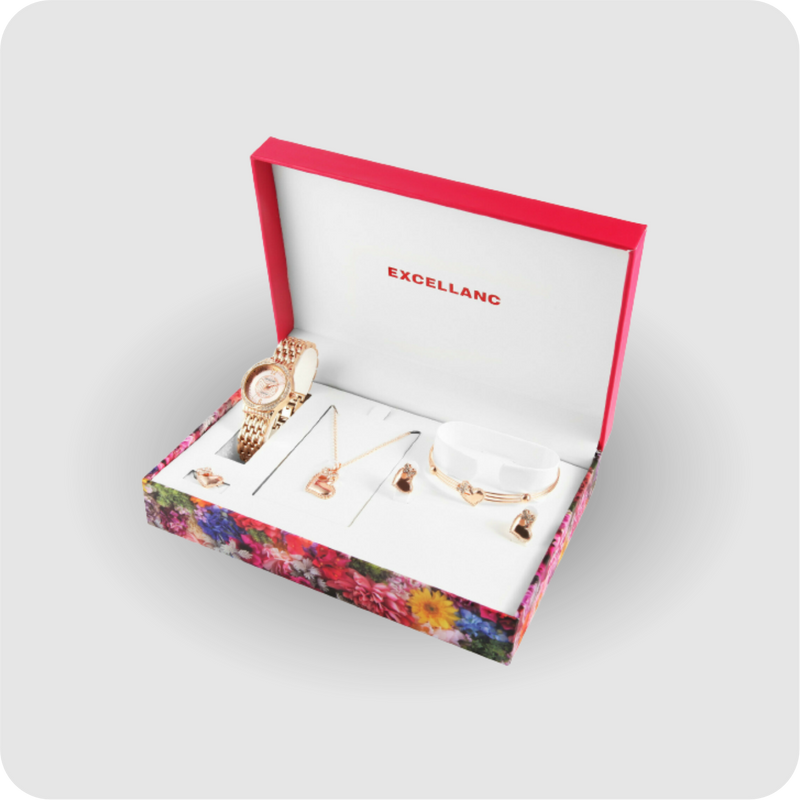 Uhrenset Armbanduhr Kette Ohrringe Armreif Ring Damenuhr rosegold mit Herz Liebe