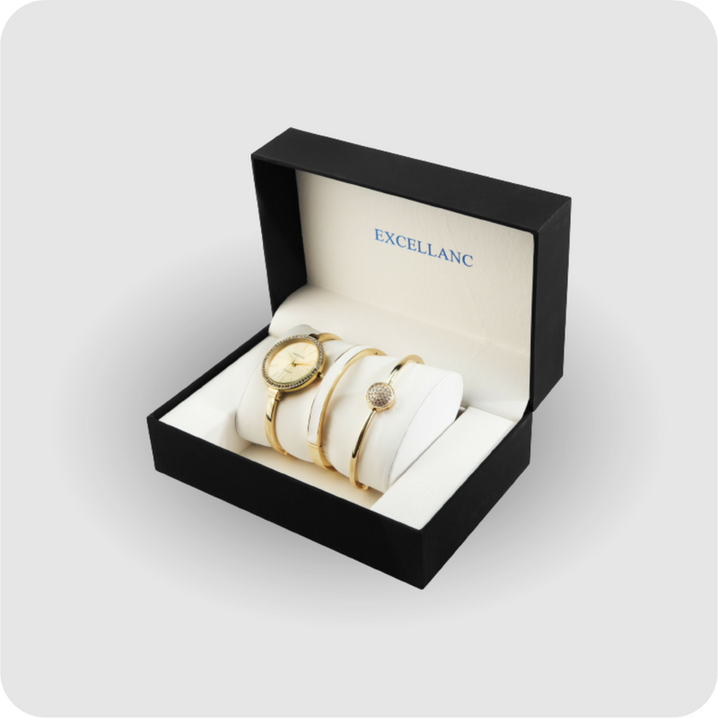 Uhrenset mit Armbanduhr + 2 Armreifen Damenuhr Metallarmband gold Strass