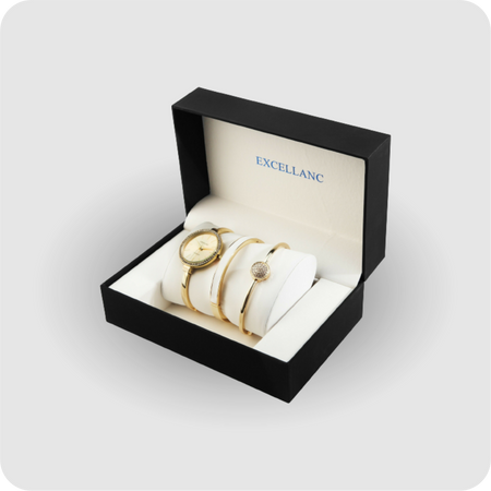 Uhrenset mit Armbanduhr + 2 Armreifen Damenuhr Metallarmband gold Strass