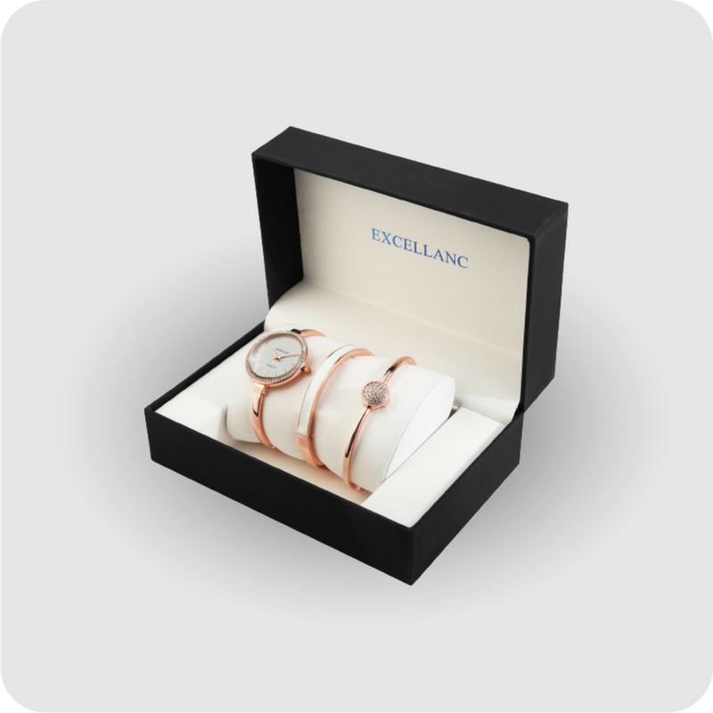 Uhrenset mit Armbanduhr + 2 Armreifen Damenuhr Metallarmband rose gold Strass