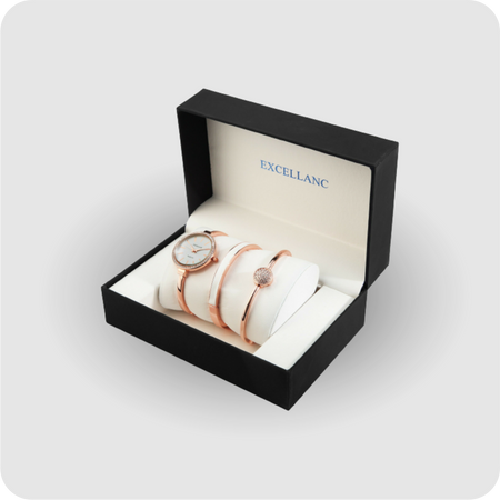 Uhrenset mit Armbanduhr + 2 Armreifen Damenuhr Metallarmband rose gold Strass