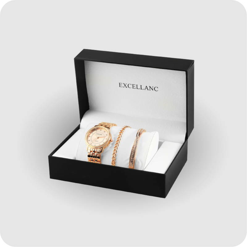 Uhrenset mit Armbanduhr + 2 Armreifen Damenuhr Metallarmband rose gold Strass