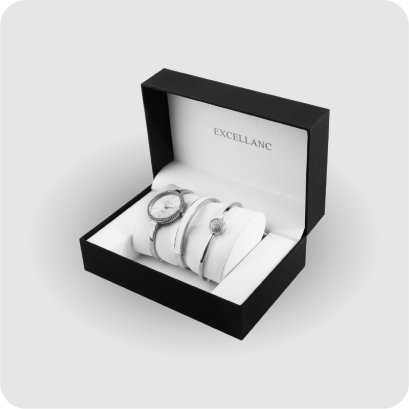 Uhrenset mit Armbanduhr + 2 Armreifen Damenuhr Metallarmband silber Strass