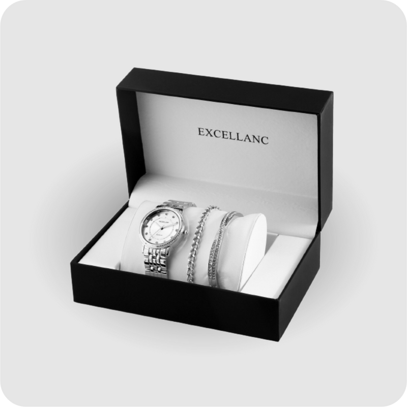 Uhrenset mit Armbanduhr + 2 Armreifen Damenuhr Metallarmband silber Strass