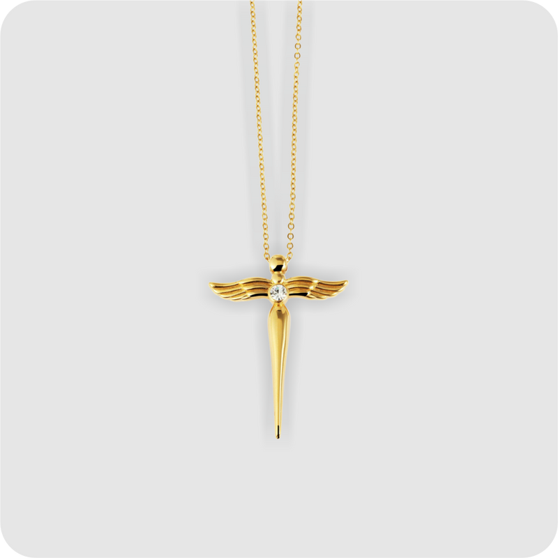 Edelstahl Kette mit Engel Anhänger gold + Zirkonia Ankerkette Halskette groß