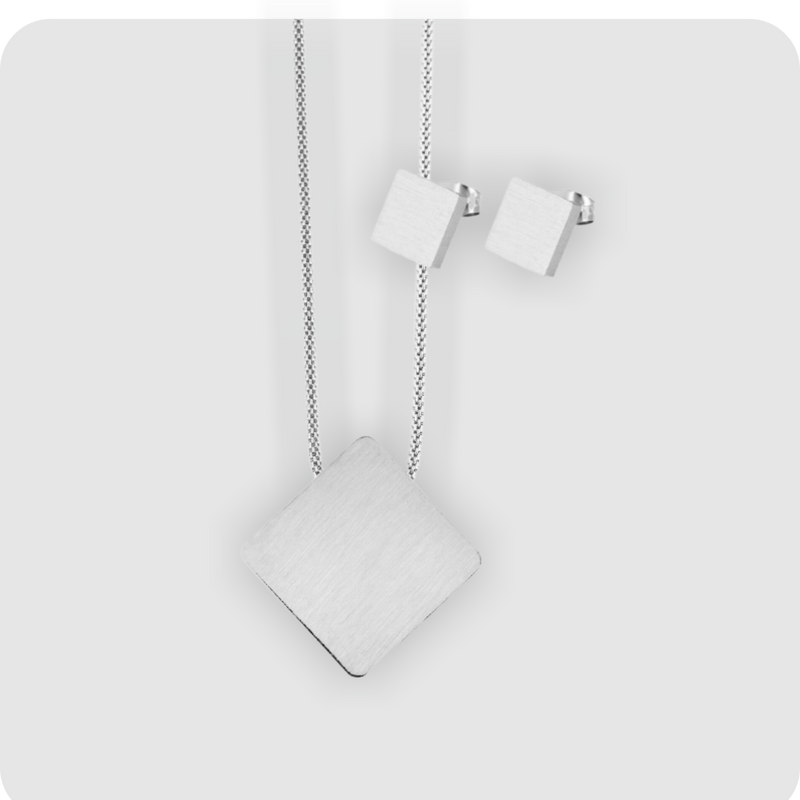 Edelstahl Schmuckset Kette Halskette Ohrringe Ohrstecker silber matt Viereck