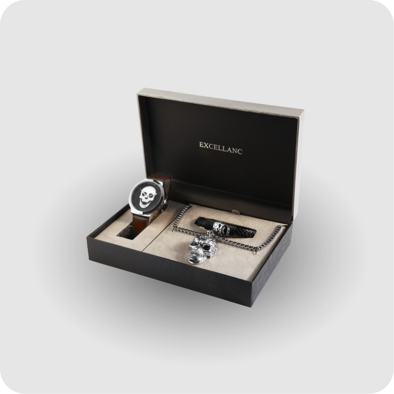 Herren Geschenkset mit Herrenuhr Kette Armband Totenkopf silber braun Geschenk