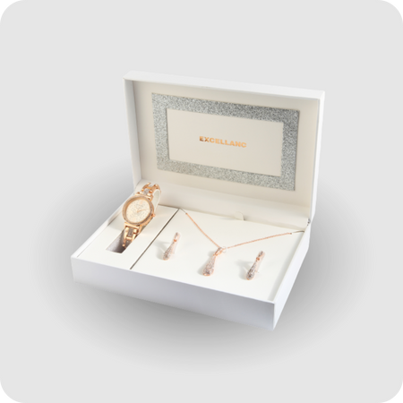 Uhrenset mit Armbanduhr + Kette + Ohrringe Damenuhr Metallarmband rose gold Strass