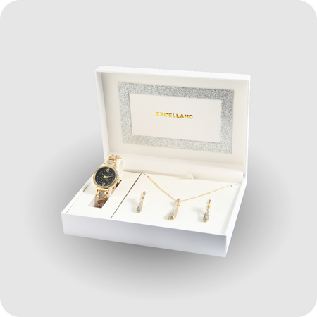 Uhrenset mit Armbanduhr + Kette + Ohrringe Damenuhr Metallarmband gold Strass