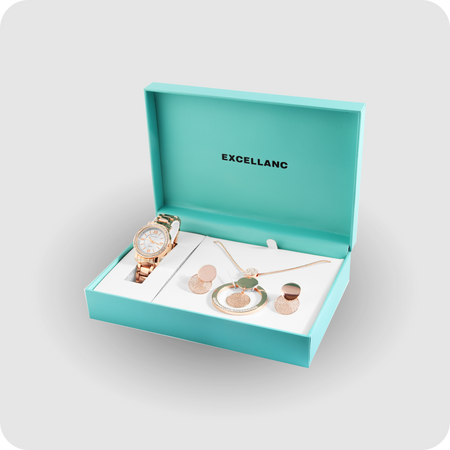 Uhrenset mit Armbanduhr + Kette + Ohrringe Damenuhr Metallarmband rose gold Strass