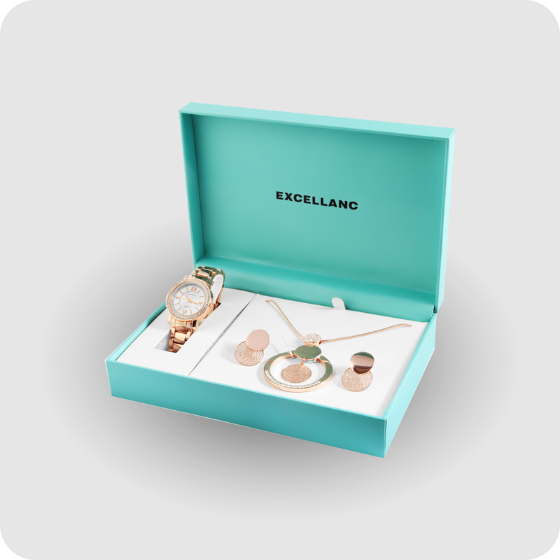 Uhrenset mit Armbanduhr + Kette + Ohrringe Damenuhr Metallarmband rose gold Strass