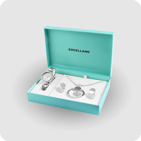 Uhrenset mit Armbanduhr + Kette + Ohrringe Damenuhr Metallarmband silber Strass