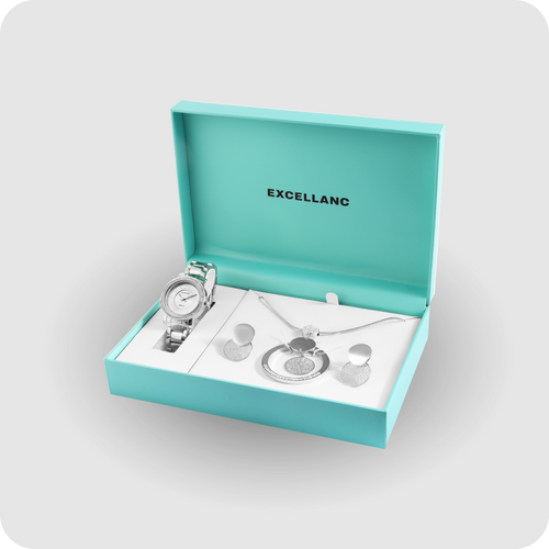 Uhrenset mit Armbanduhr + Kette + Ohrringe Damenuhr Metallarmband silber Strass