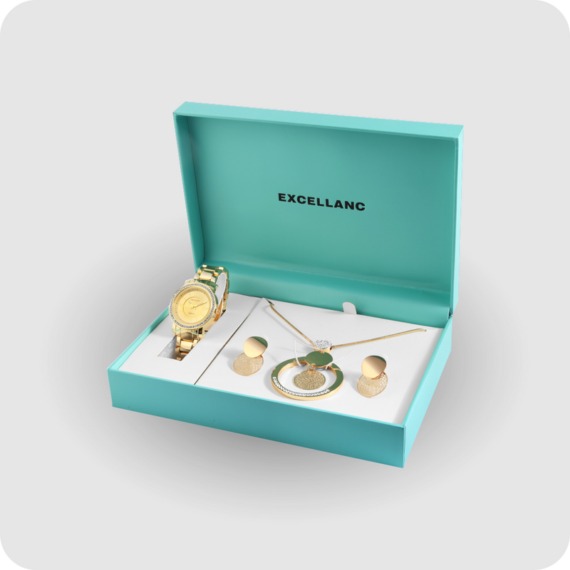 Uhrenset mit Armbanduhr + Kette + Ohrringe Damenuhr Metallarmband gold Strass