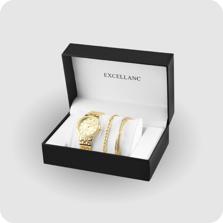 Uhrenset mit Armbanduhr + 2 Armreifen Damenuhr Metallarmband gold Strass